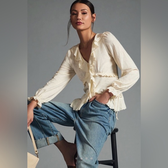 🎀NWT🎀 Anthropologie Ruffled Tie Long Sleeve Top Sizes L and XL Cream